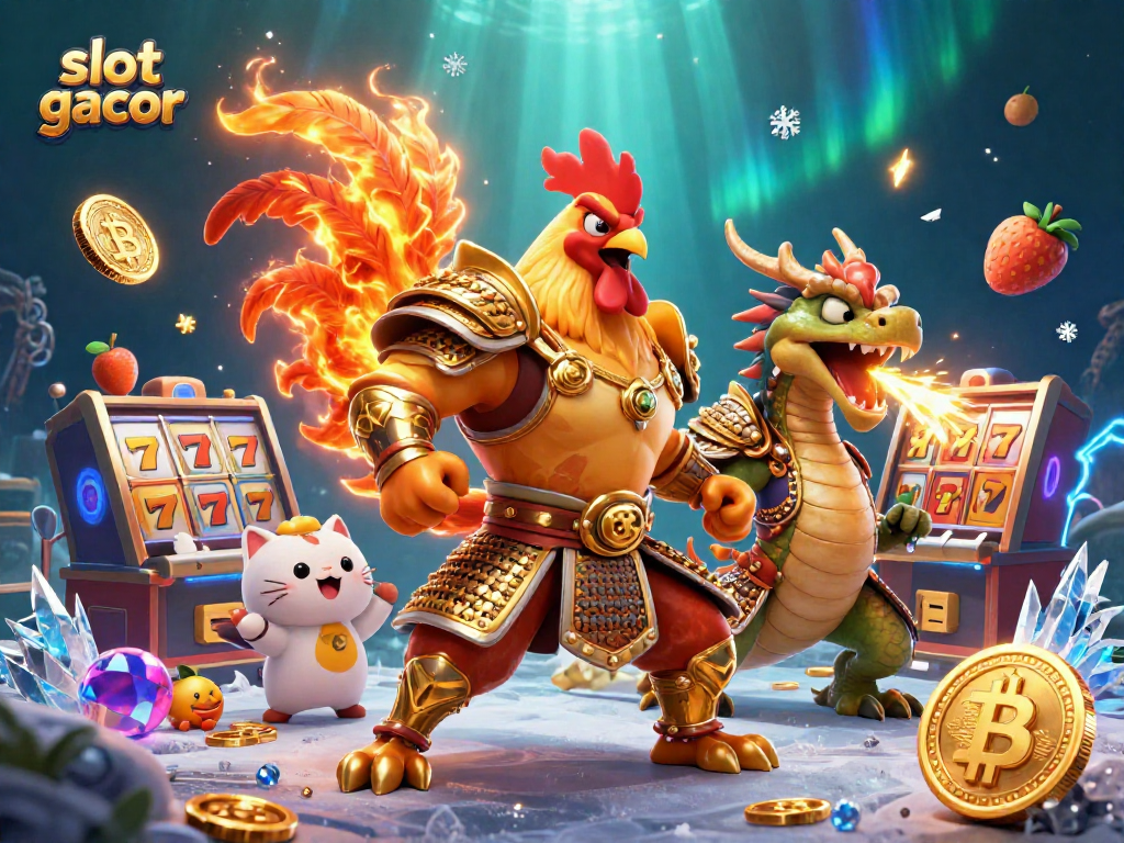 Slot gacor menarik dengan simbol permainan dan karakter berwarna cerah.
