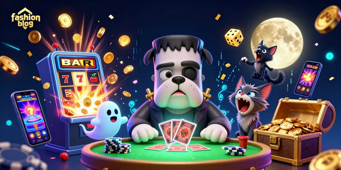 Engage with thrilling games at the fashion blog's spooky casino scene featuring fun characters.