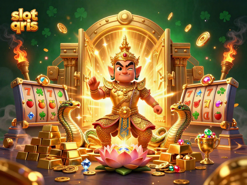 Spin the slot qris reels with vibrant Thai guardians and dazzling treasure in a dynamic illustration.