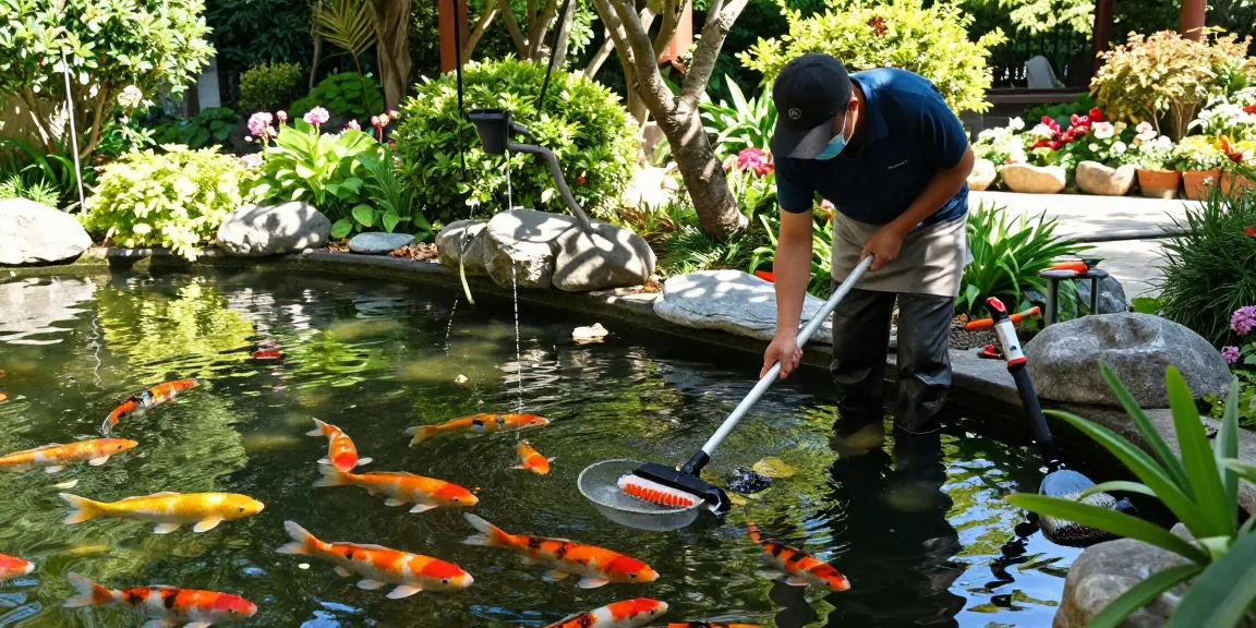 Pond Clean Kent: Professional cleaner restoring a vibrant koi pond surrounded by lush greenery.