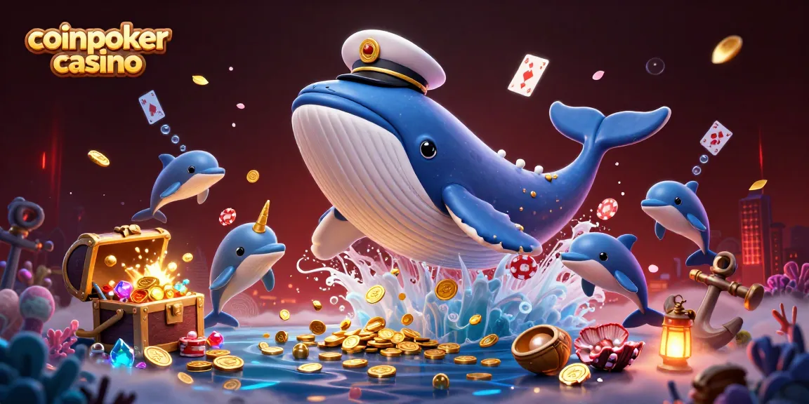 Visitez le coinpoker casino où les joueurs s'amusent avec des jetons de poker et des dauphins dans une mer de trésors.