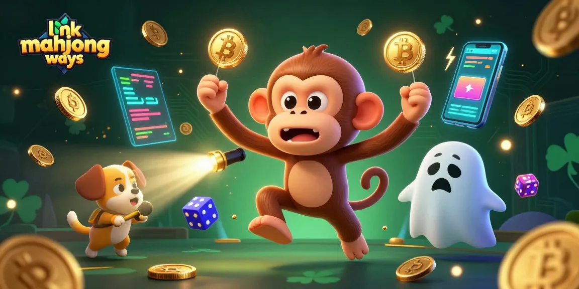 Engage with the excitement of link mahjong ways, featuring a playful ghost-hunter puppy and a mischievous monkey in a fun casino scene.