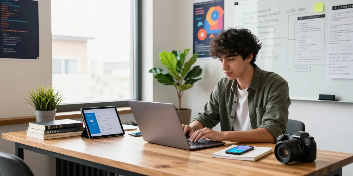 Focused professional at a modern workspace using 纸飞机中文版 on a laptop amidst tech paraphernalia.
