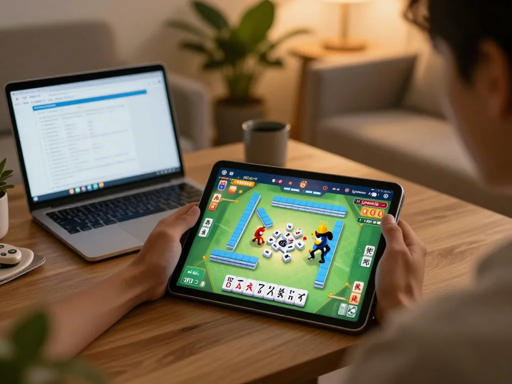 Play Mahjong online with strategic gameplay in a cozy home setting, engaging tablet interface.