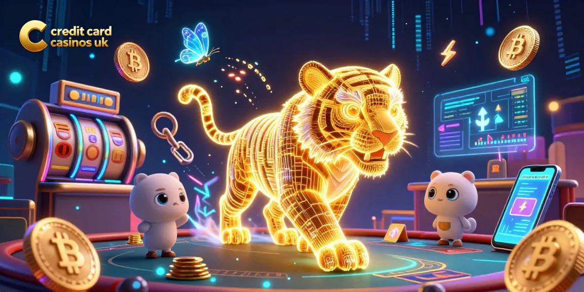 Engage at credit card casinos UK with a vibrant digital casino scene, featuring slots and crypto elements.