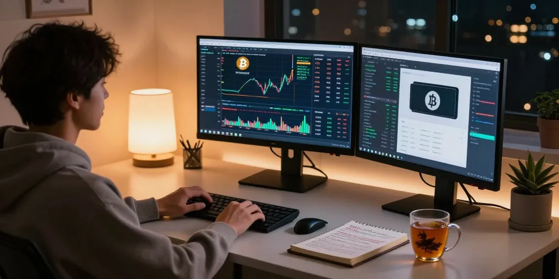 Engaged cryptocurrency trader reviewing Bitcoin mining online statistics with a computer setup in a focused setting, showcasing innovative blockchain technology.