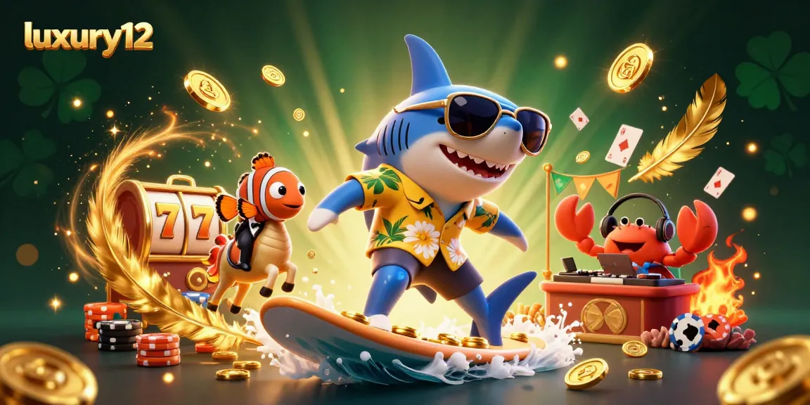 luxury12 menghadirkan nuansa kasino dengan hiu kartun di atas uang emas dan elemen slot yang menarik
