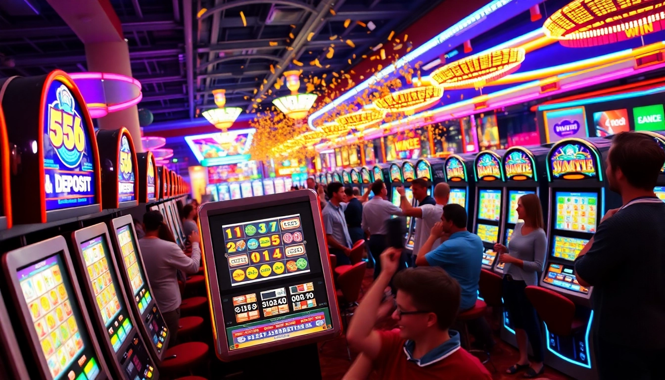 Memperlihatkan pengalaman bermain slot depo 1k dengan mesin slot menawan dan pemain yang merayakan kemenangan.