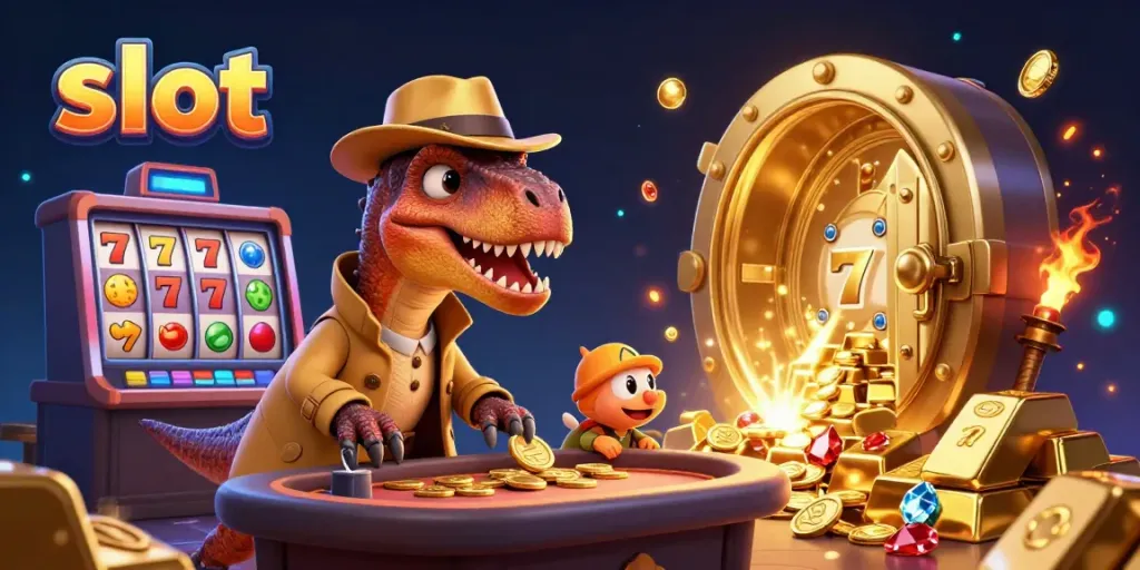 Permainan slot dengan karakter dinosaur dan suasana kasino yang cerah dan penuh cahaya.