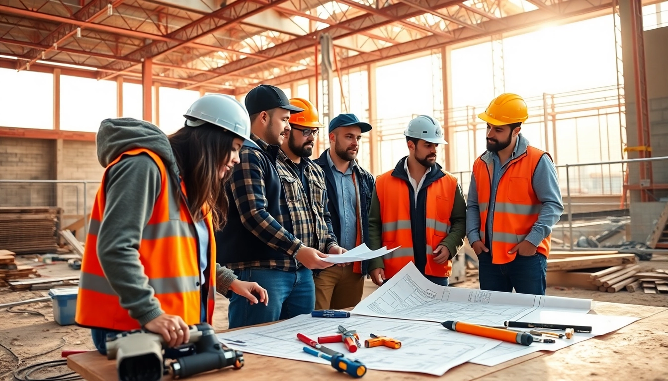 Engaged workers in construction workforce development training on-site, fostering collaboration and skill-building.