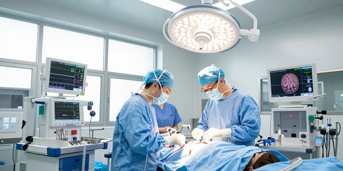 Beyin tümörü ameliyatı in a bright surgical room with a focused team and advanced equipment.