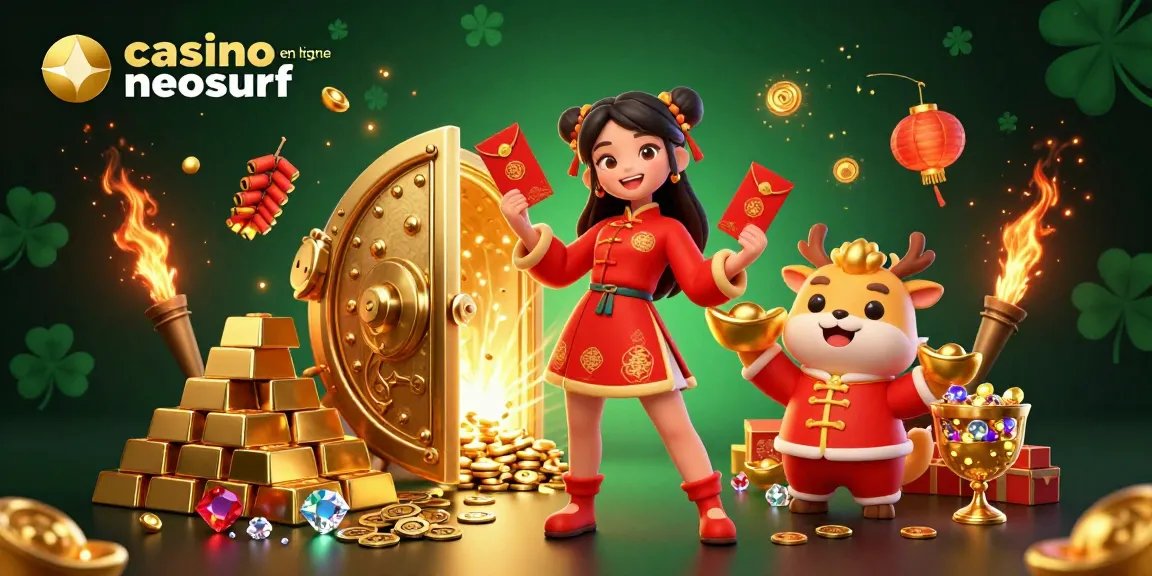 Engagez-vous au casino en ligne Neosurf avec une scène 3D festive du Nouvel An lunaire présentant des personnages vibrants et des richesses.