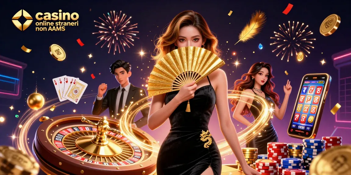 Cascata di monete d'oro e gemme scintillanti attorno a una splendida donna asiatica nei casinò online stranieri non AAMS.