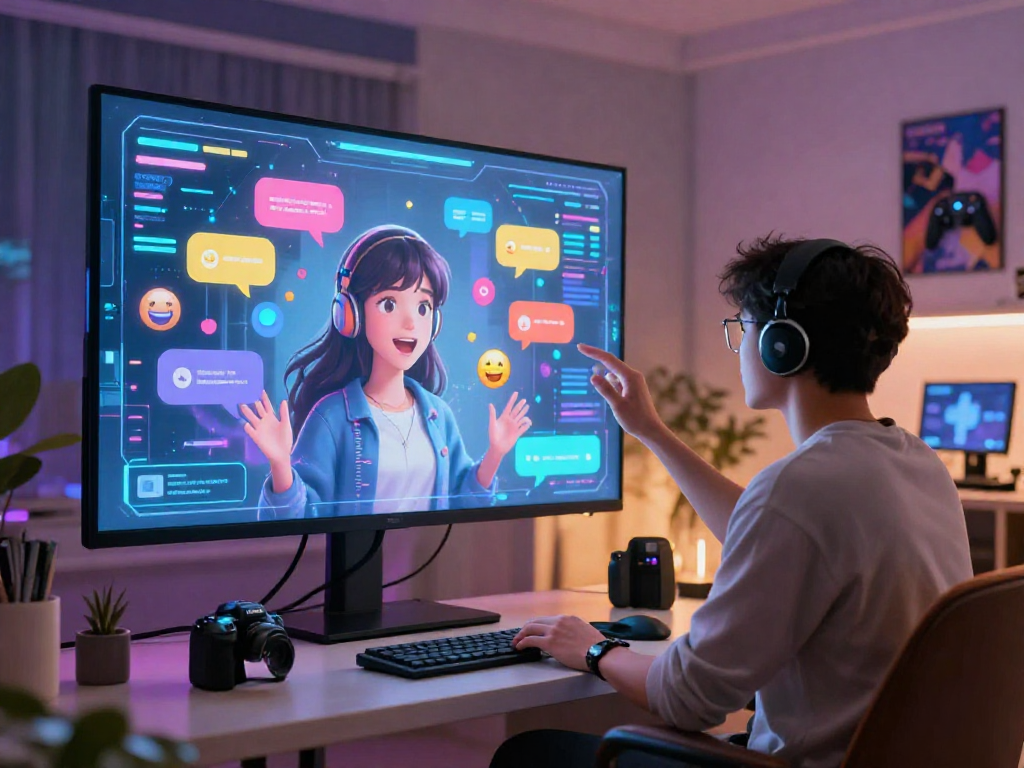 User engaging with hentai ai chat platform, interacting with animated avatars and holographic interface in a modern environment.