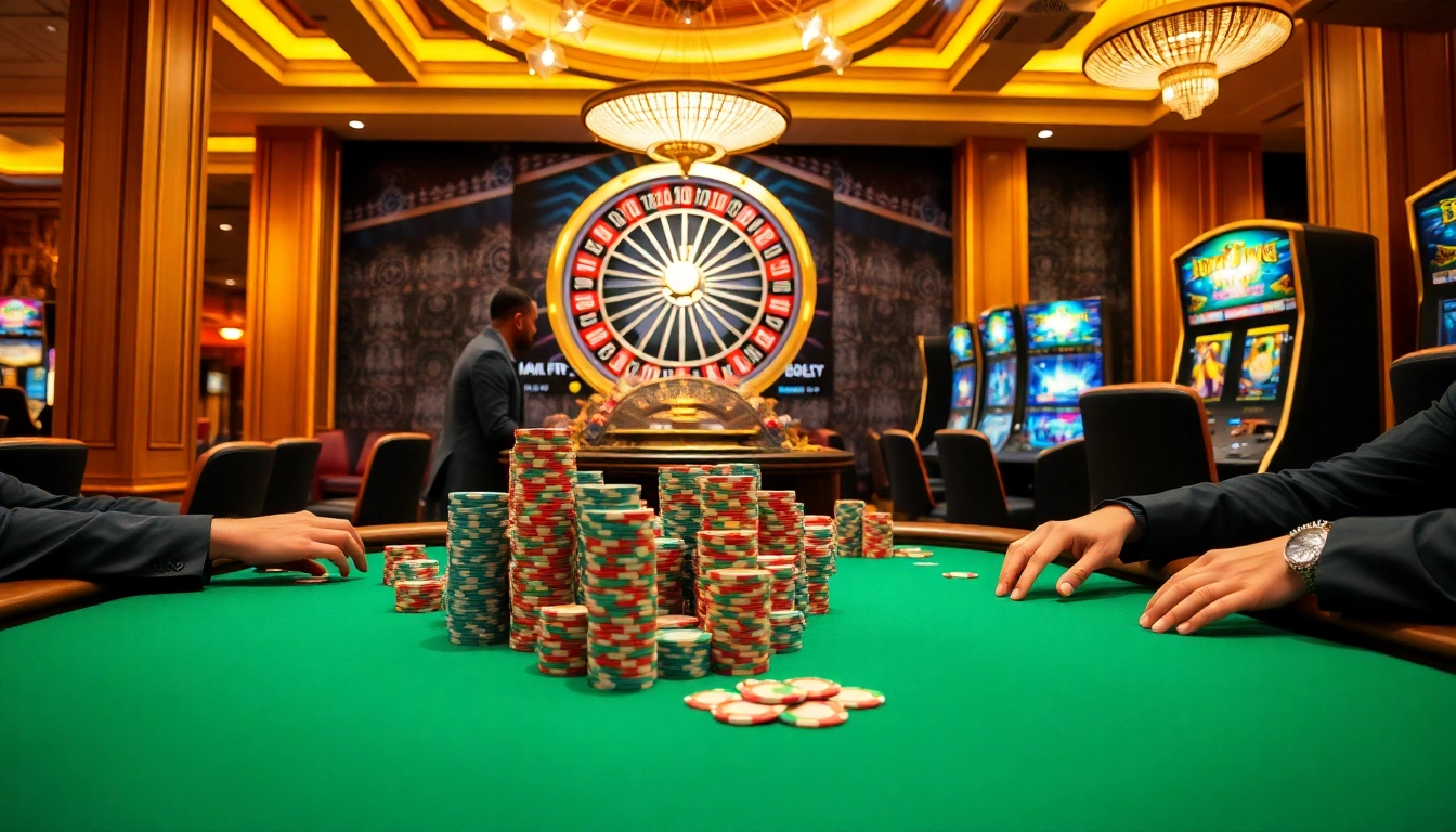 Des joueurs engagés à une table de poker de casino en ligne argent réel au milieu d'une atmosphère palpitante.
