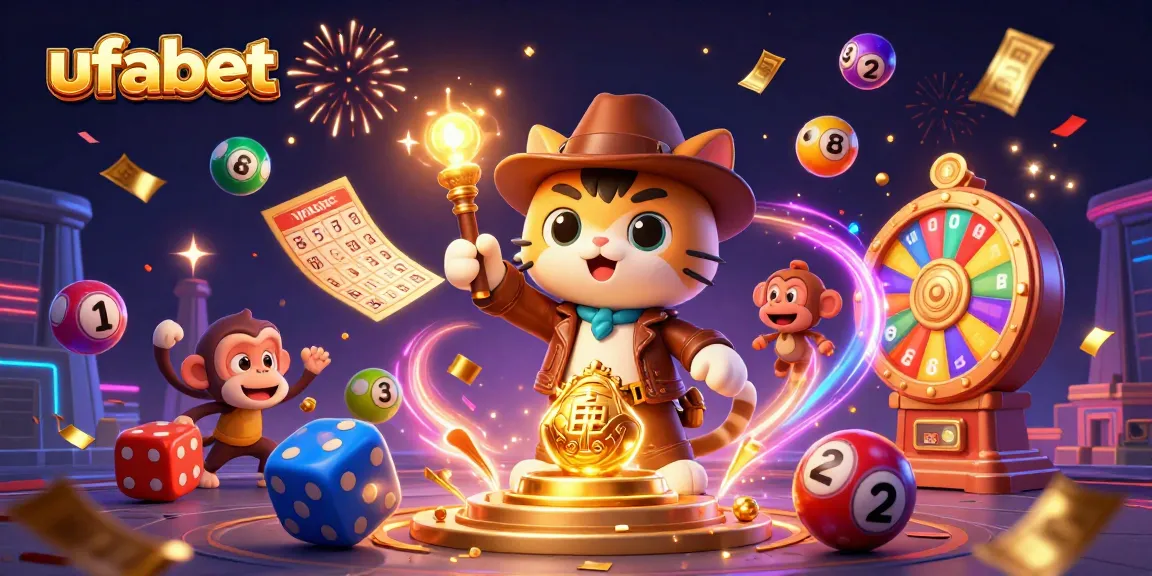Experience ufabet with a 3D cartoon cat explorer discovering golden casino artifacts amidst vibrant casino-themed elements.