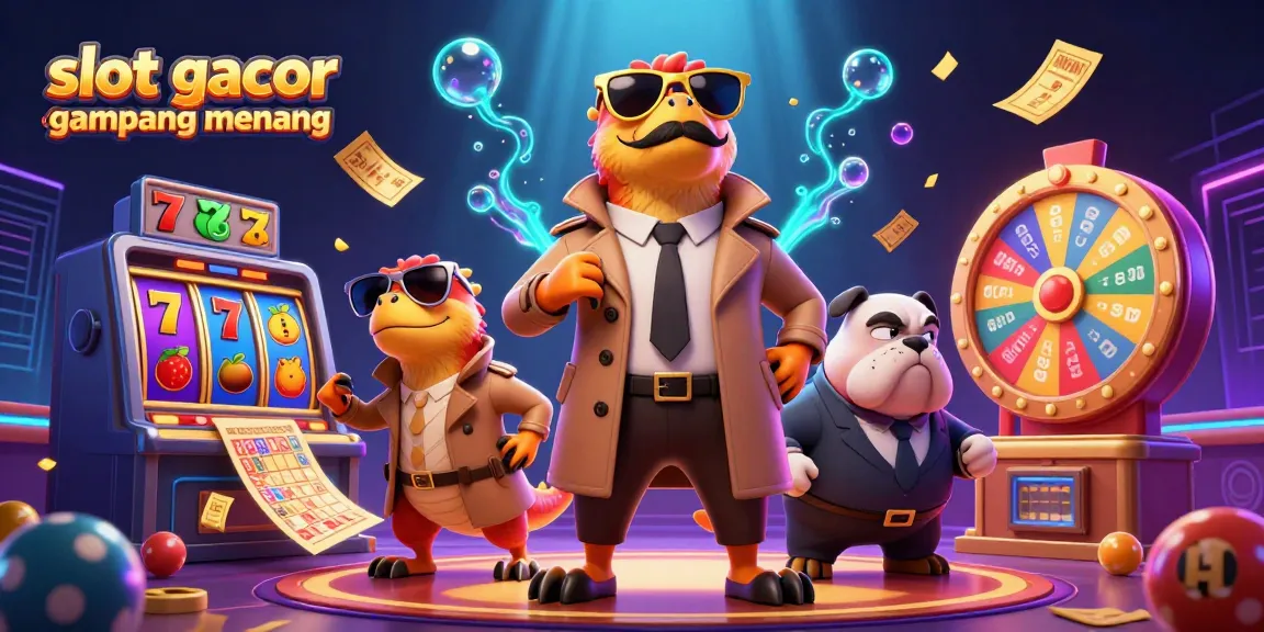 Menangkan jackpot di slot gacor gampang menang dengan ilustrasi 3D tiga raptor dalam jas.