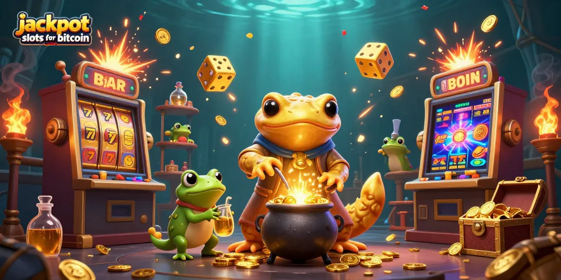 Spin jackpot slots for bitcoin with alchemical magic in a colorful casino scene.