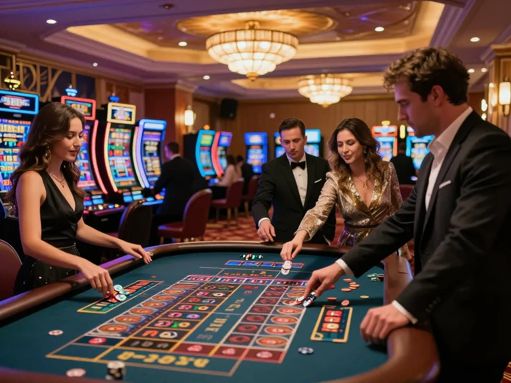 Players at tt88 casino engaged in thrilling roulette action with vibrant slot machines in the background.