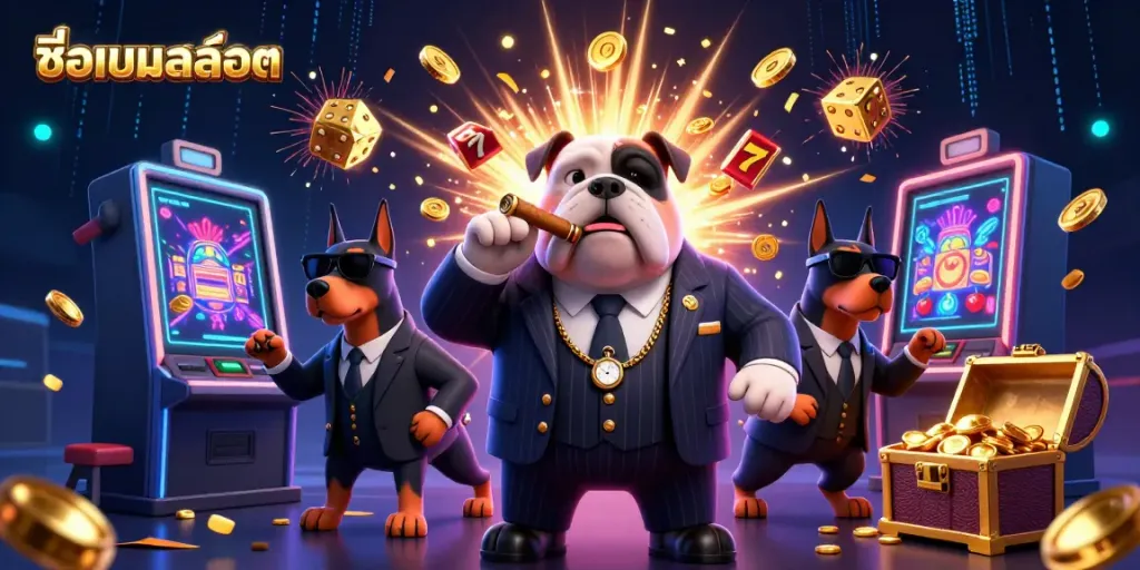 Win big with ชื่อเกมสล็อต, featuring dynamic 3D characters and explosive casino elements.