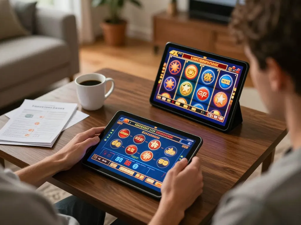 Engaged player enjoying casino esteri che accettano italiani on a tablet during a cozy home gaming session.
