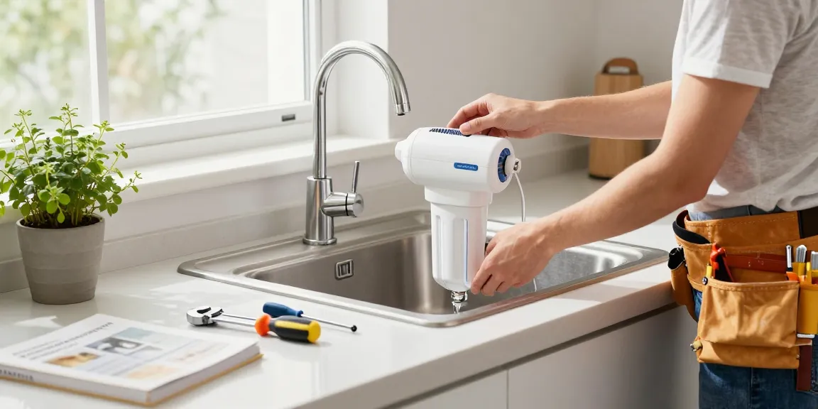 Installing the Waterdrop 10UBW-UF 0.01 μm Ultra Filtration Under Sink Water Filter System in a bright kitchen with tools spread out.