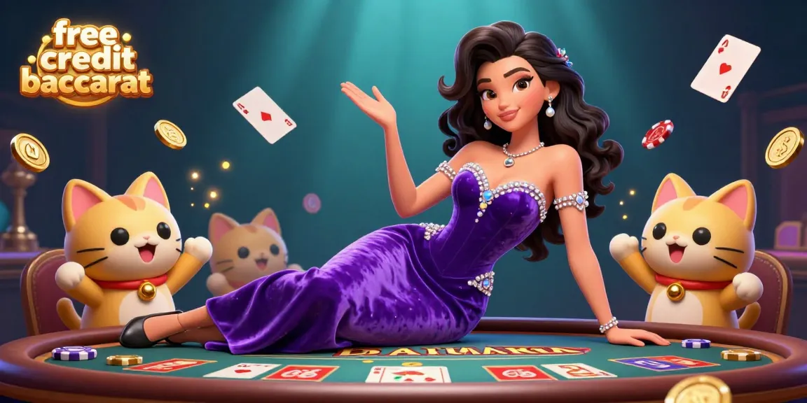 Play free credit baccarat with engaging scenes featuring colorful 3D elements and a luxurious table ambiance.