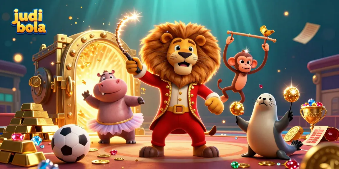 Engage in judi bola with a vibrant circus themed 3D illustration featuring dynamic characters and sports elements.