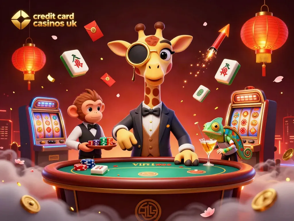 Experience premium gaming at credit card casinos UK with a vibrant scene of a high-roller giraffe and friends.