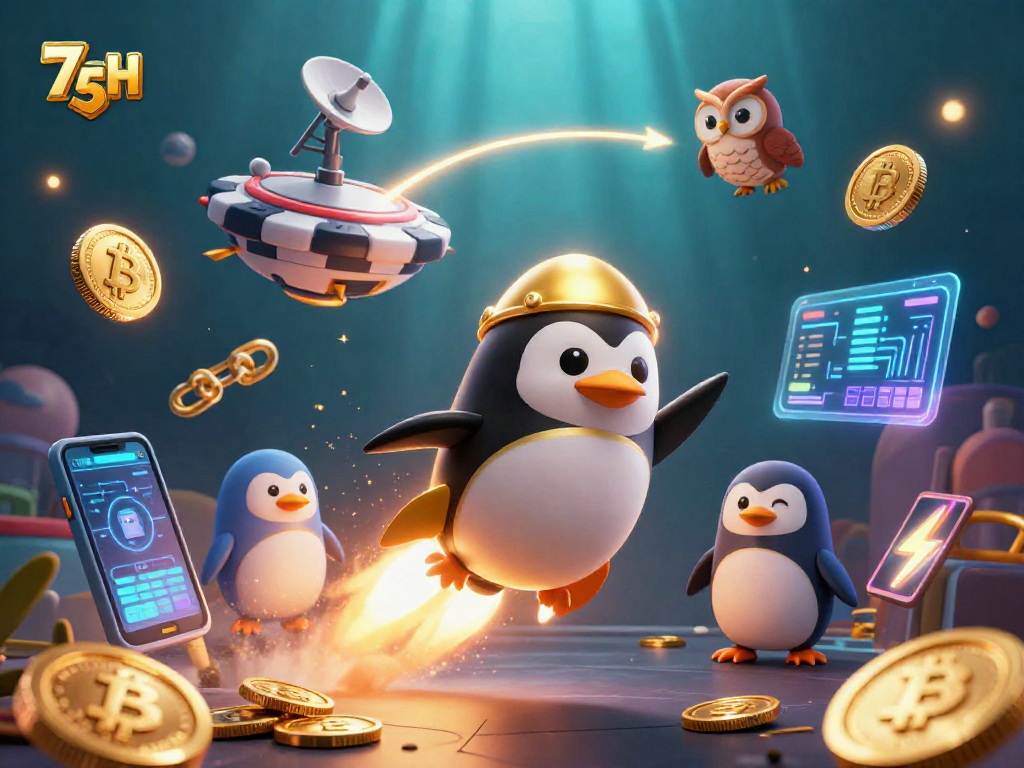 O pinguim de ouro da 75H voa em direção a um cassino cósmico, cercado por moedas e gráficos.