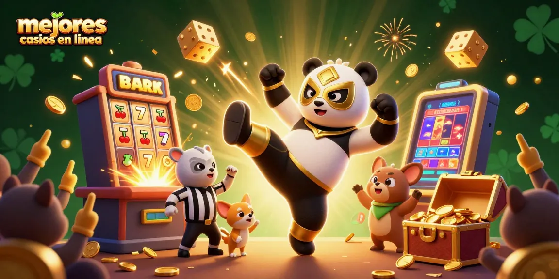 Imágenes de los mejores casinos en línea con un panda luchador y un árbitro animando a los espectadores.