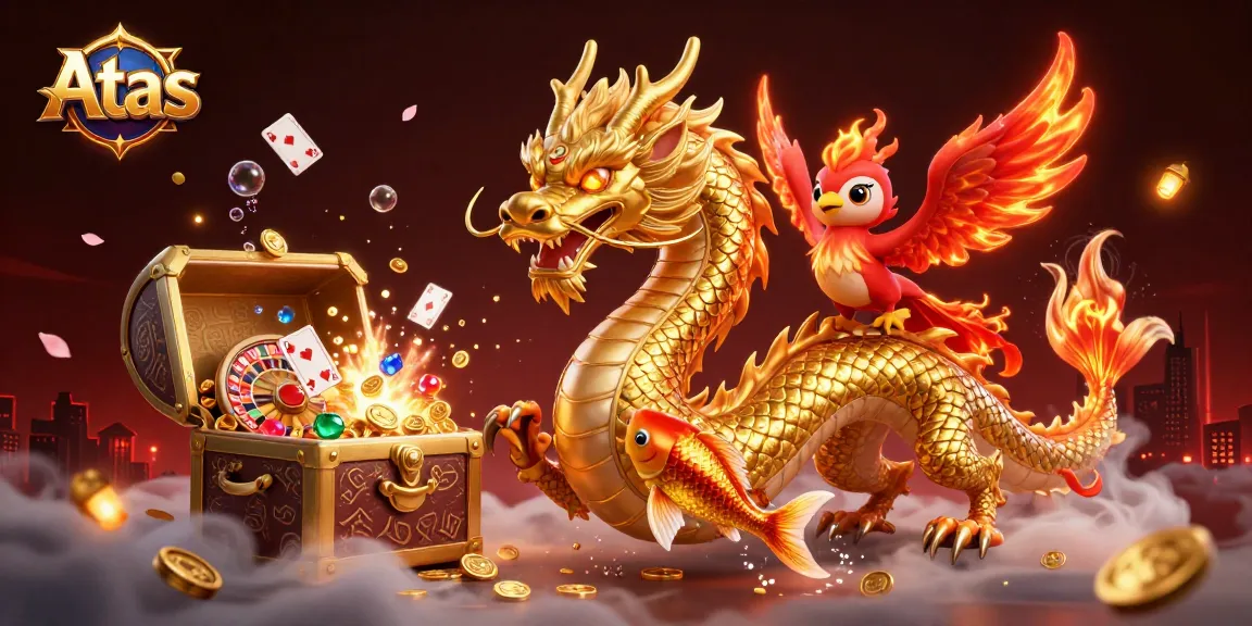 Engage with Atas Casino through a vibrant 3D illustration featuring beloved gaming elements and mythical creatures.