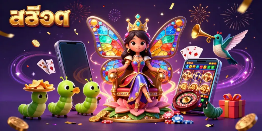 Experience thrilling สล็อต gameplay with a vibrant 3D butterfly queen and dynamic casino elements.