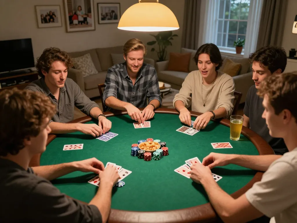 Engage in slot777 gaming enjoyment during a home poker night with friends, vibrant atmosphere.