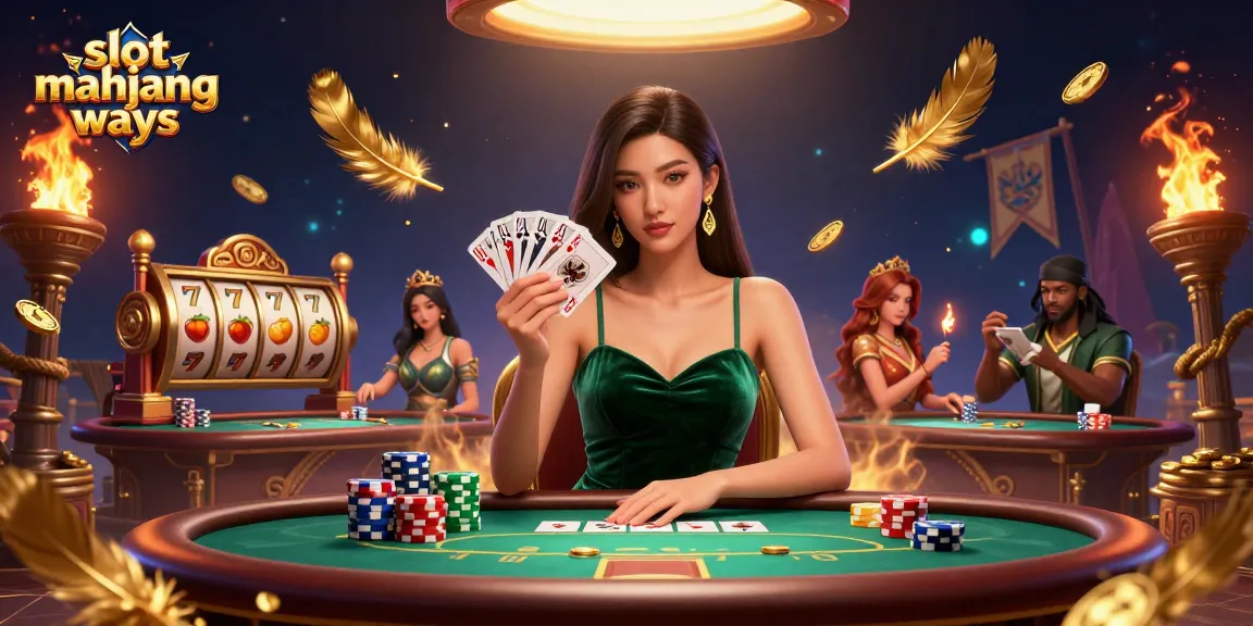 Engaging scene of slot mahjong ways, showing a beautiful woman at a poker table amidst golden elements.