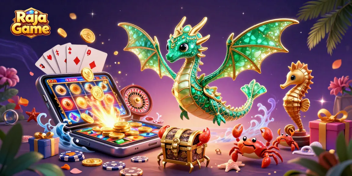 Winning with Raja Game: A dynamic 3D illustration of colorful slot games and vibrant casino elements.