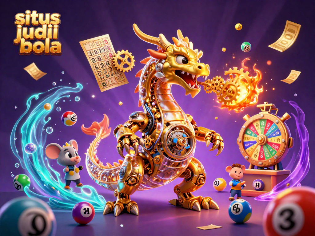 Experience the thrill of situs judi bola with vibrant lottery elements and an intricate golden dragon.
