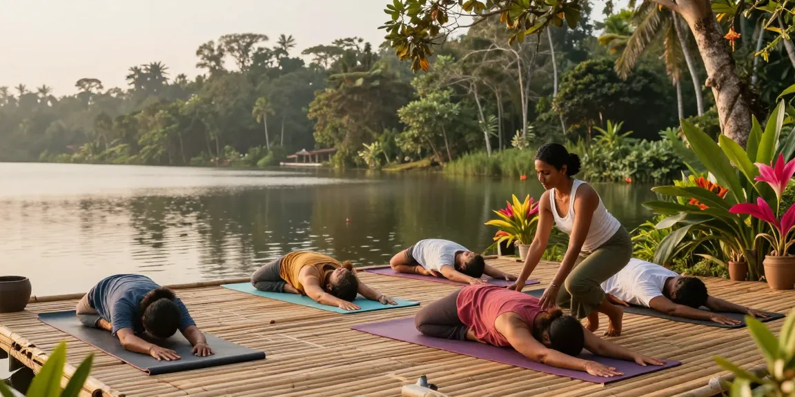 Yoga retreat Sri Lanka with participants practicing Synergy Vinyasa yoga in tranquil lakeside setting.