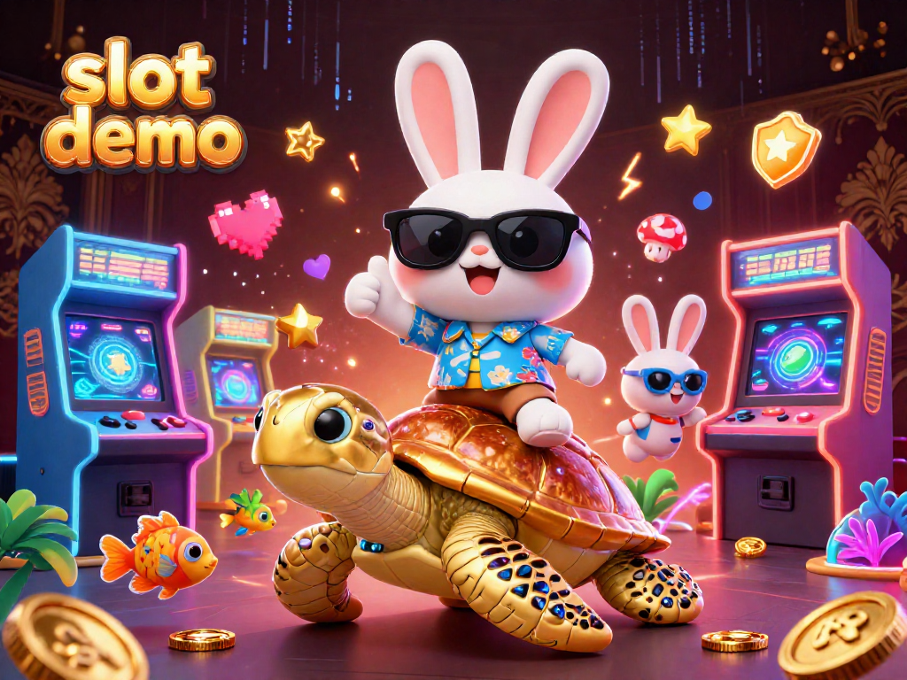 Permainan slot demo menarik dengan kelinci keberuntungan dan kura-kura emas dalam suasana kasino.