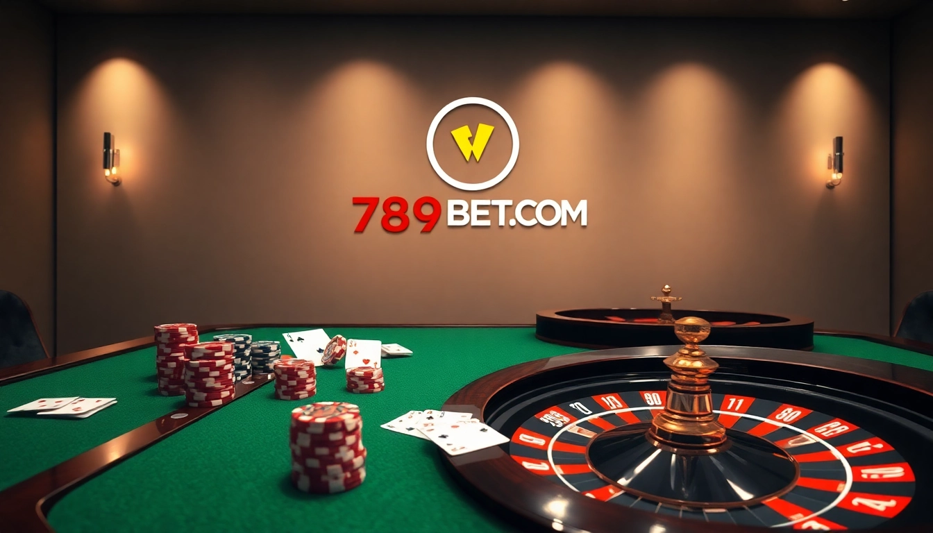 Experience the excitement of online gambling at 789BET.COM with vibrant poker chips and roulette wheel.