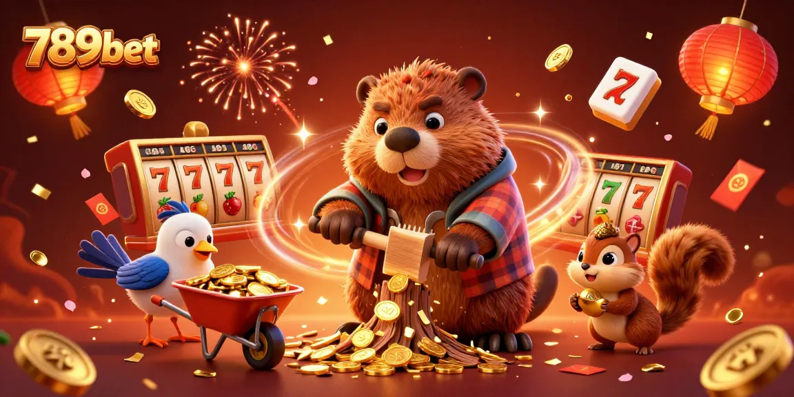 Play big wins with 789bet as the beaver chops a tree raining gold coins in a vibrant casino scene.