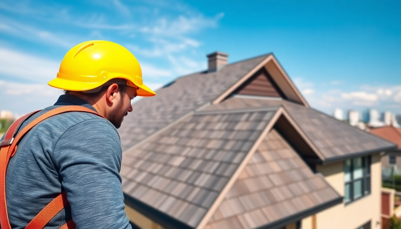 Inspecting asphalt shingles while providing reliable roofing services at a modern home.