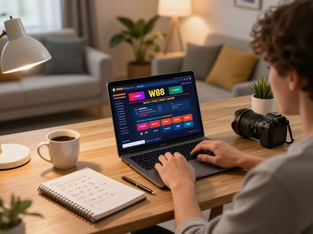 Player engaging in W88 online gaming session with laptop in cozy home environment, focusing on strategic betting activities.