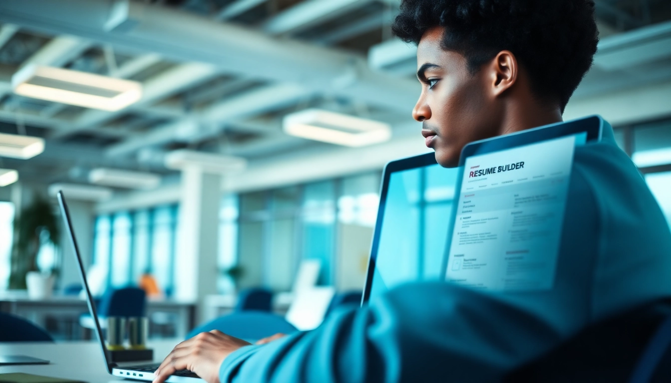 Build a professional resume using an advanced Resume Builder in a creative office space.