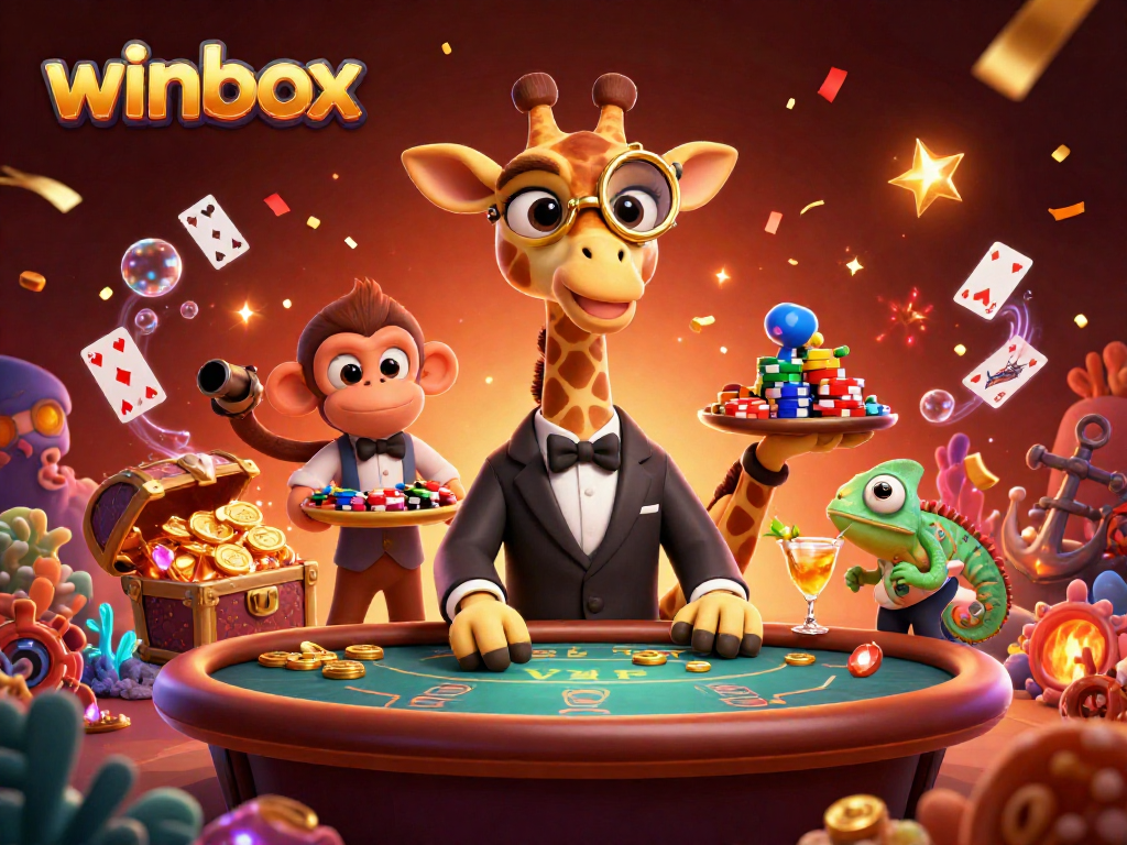Winbox high-roller giraffe and friends celebrating with gold coins and playing cards in a vibrant casino scene.