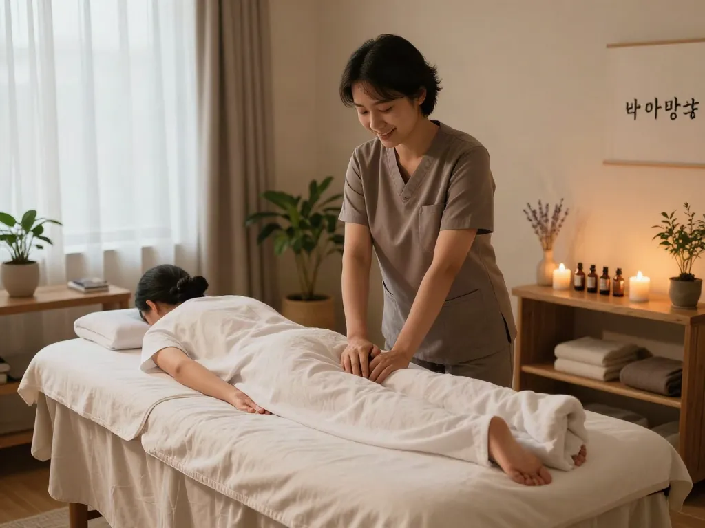 Relaxing 방이동출장마사지 therapy room with ambient lighting and calming decor.
