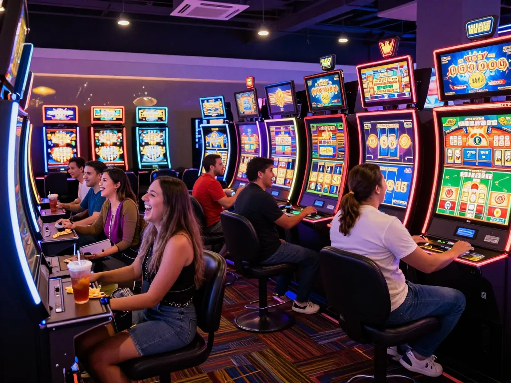 Suasana permainan yang menarik dengan pemain di mesin slot situs menikmati atmosfer yang semarak.