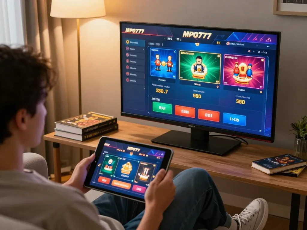 Pemain MPO777 terlibat dalam permainan mobile, menunjukkan kegembiraan dan strategi di suasana rumah yang nyaman.