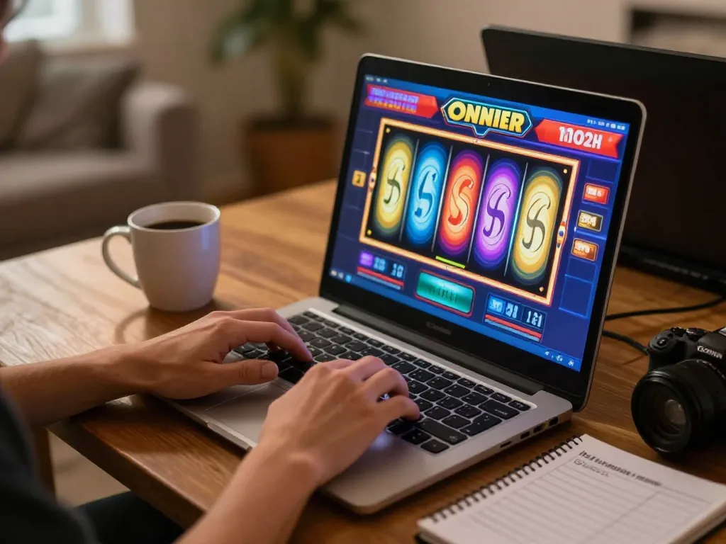 Playing slot gacor gampang menang on a laptop in a cozy home environment with strategic notes