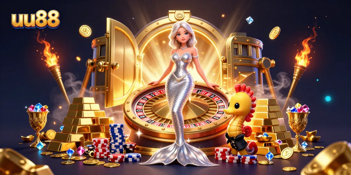 Experience luxury gaming with uu88 in a vibrant 3D casino scene featuring roulette and treasures.
